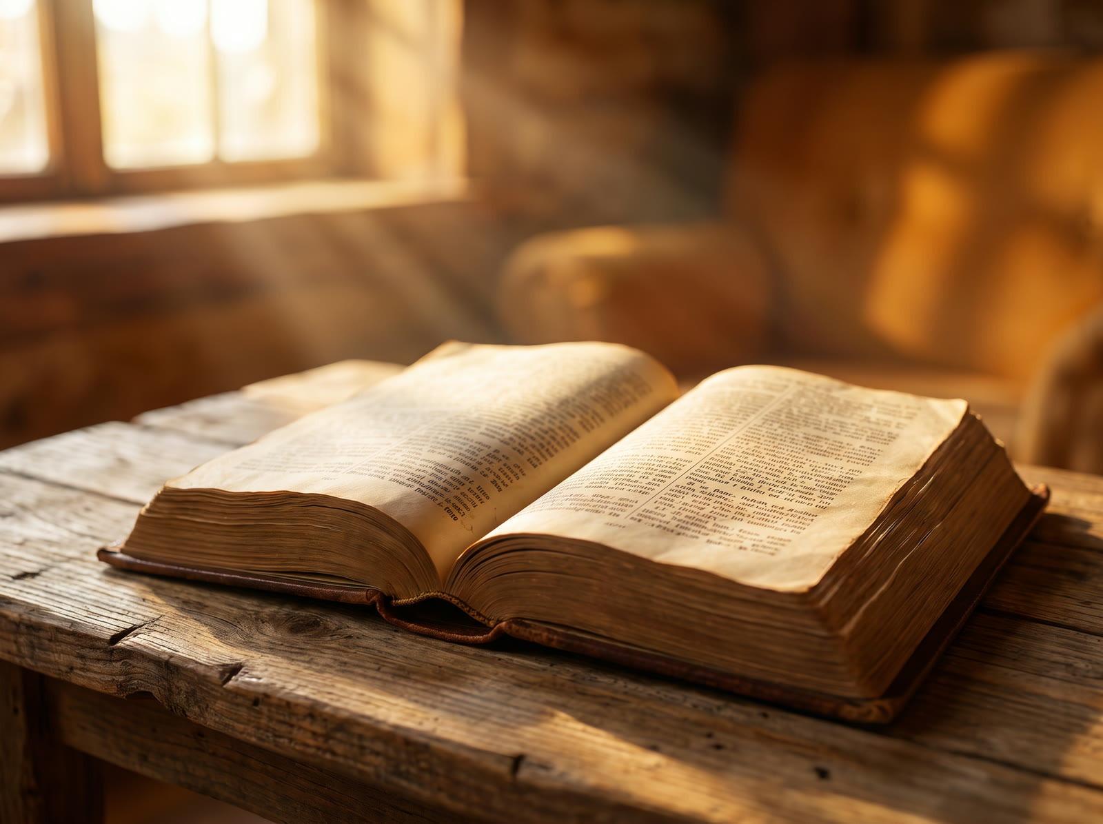 Open Bible resting on a wooden table in warm morning light
