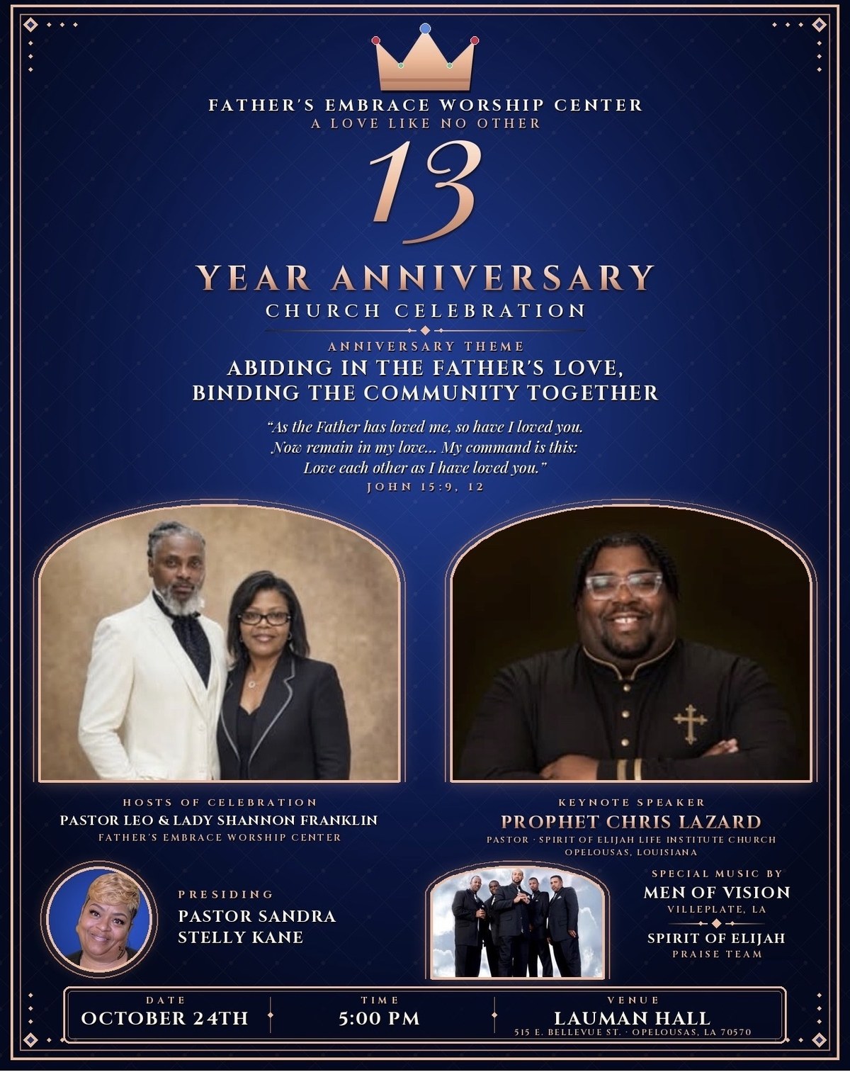 Father's Embrace Worship Center 13 Year Anniversary Celebration flyer — October 24th at 5:00 PM, Lauman Hall, Opelousas, Louisiana