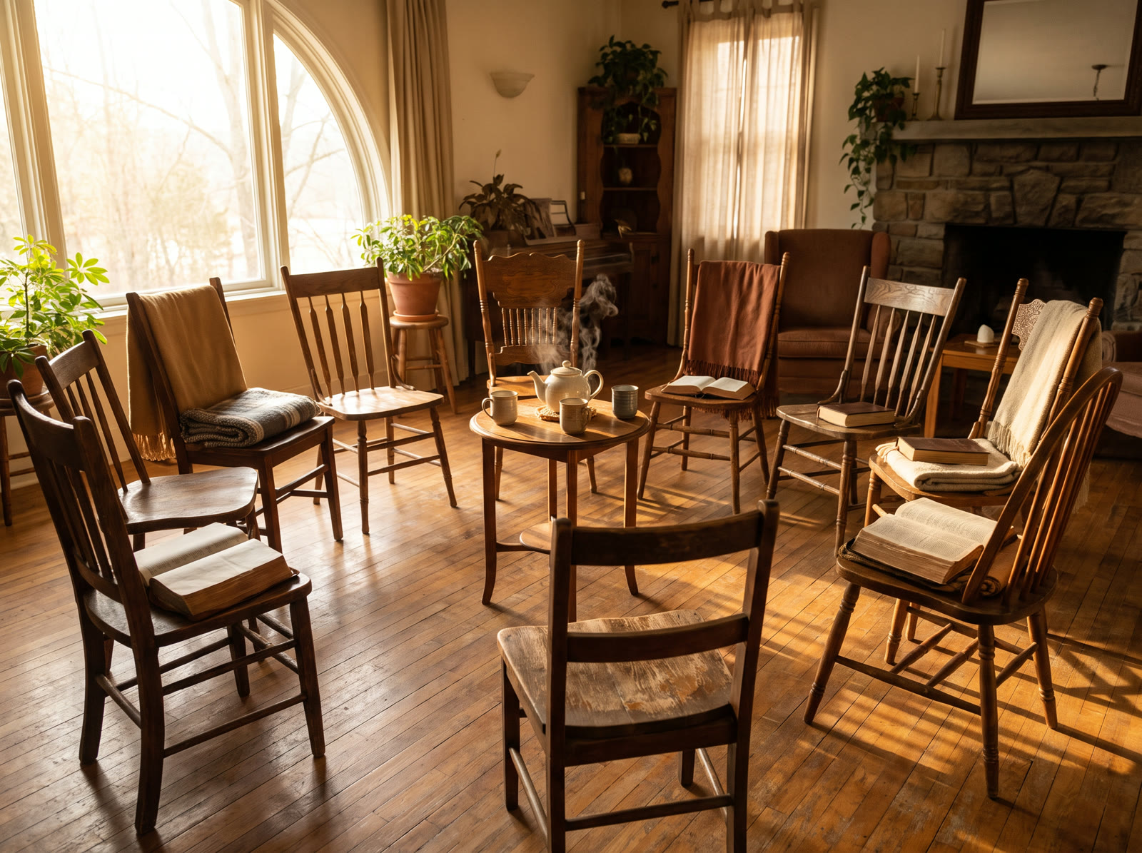 A circle of chairs arranged for small group Bible study